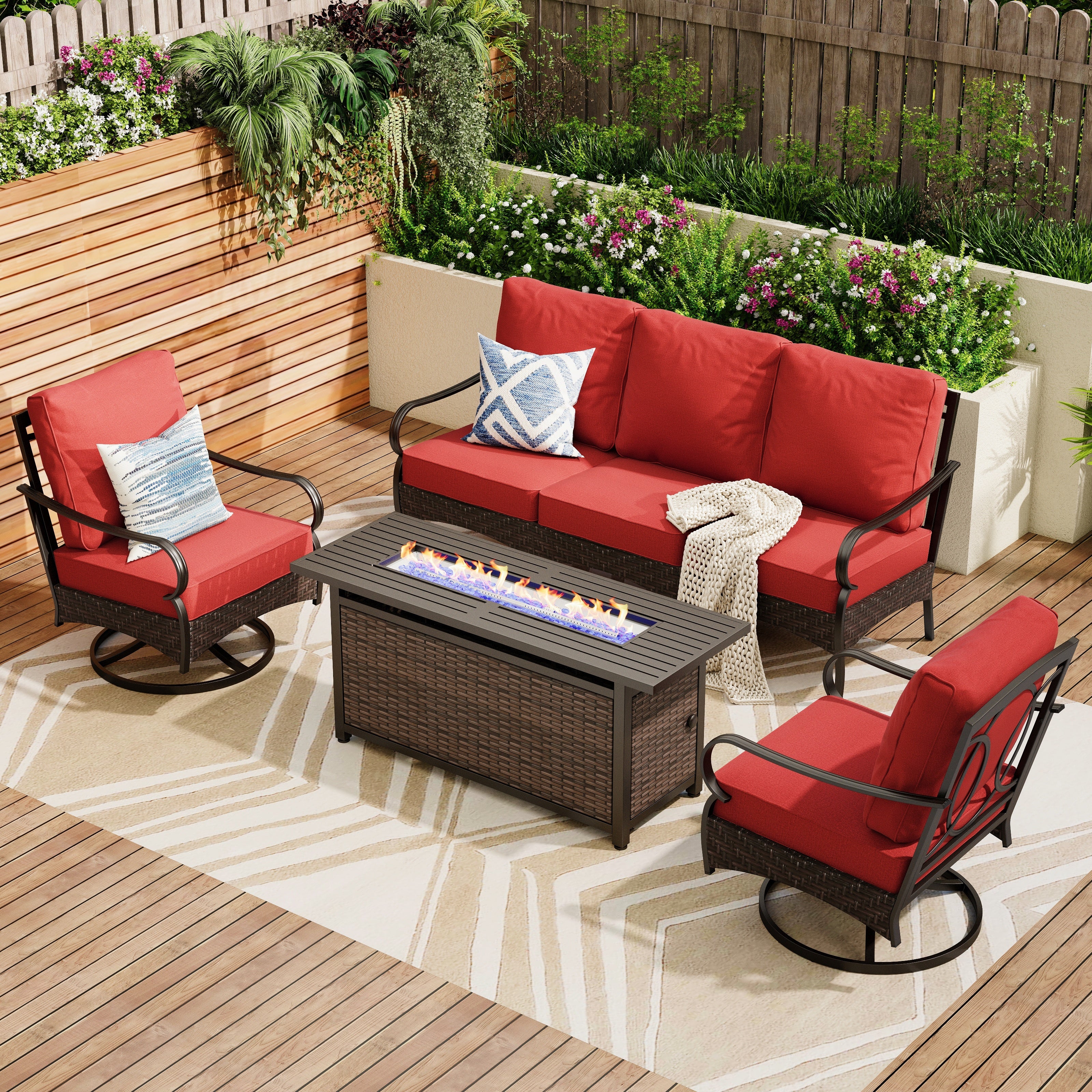 [Limited Time Offer] Phi Villa 5-Seater Outdoor Steel & Rattan Sofa Set With Rectangle Fire Pit Table