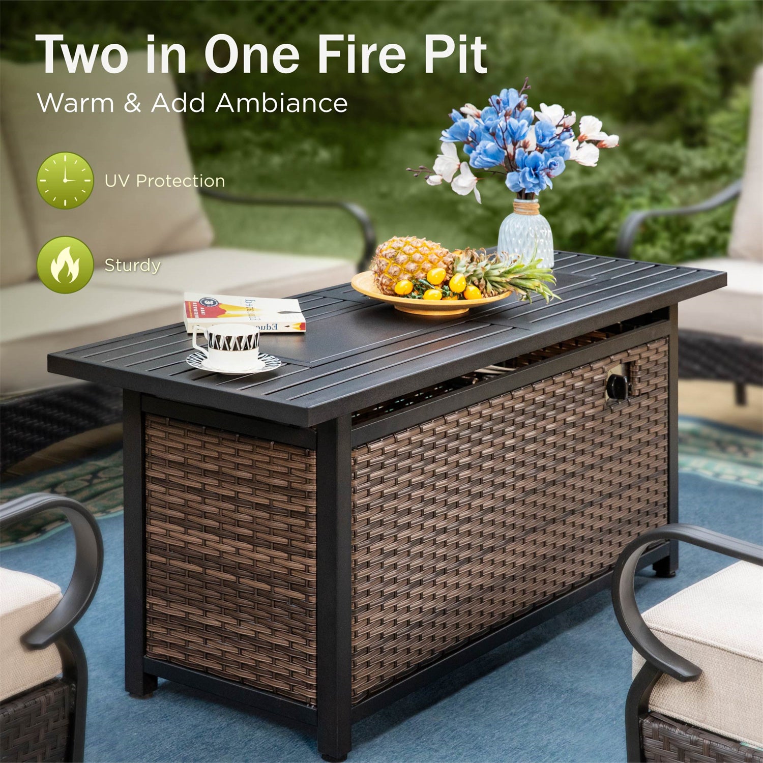 [Limited Time Offer] Phi Villa 5-Seater Outdoor Steel & Rattan Sofa Set With Rectangle Fire Pit Table
