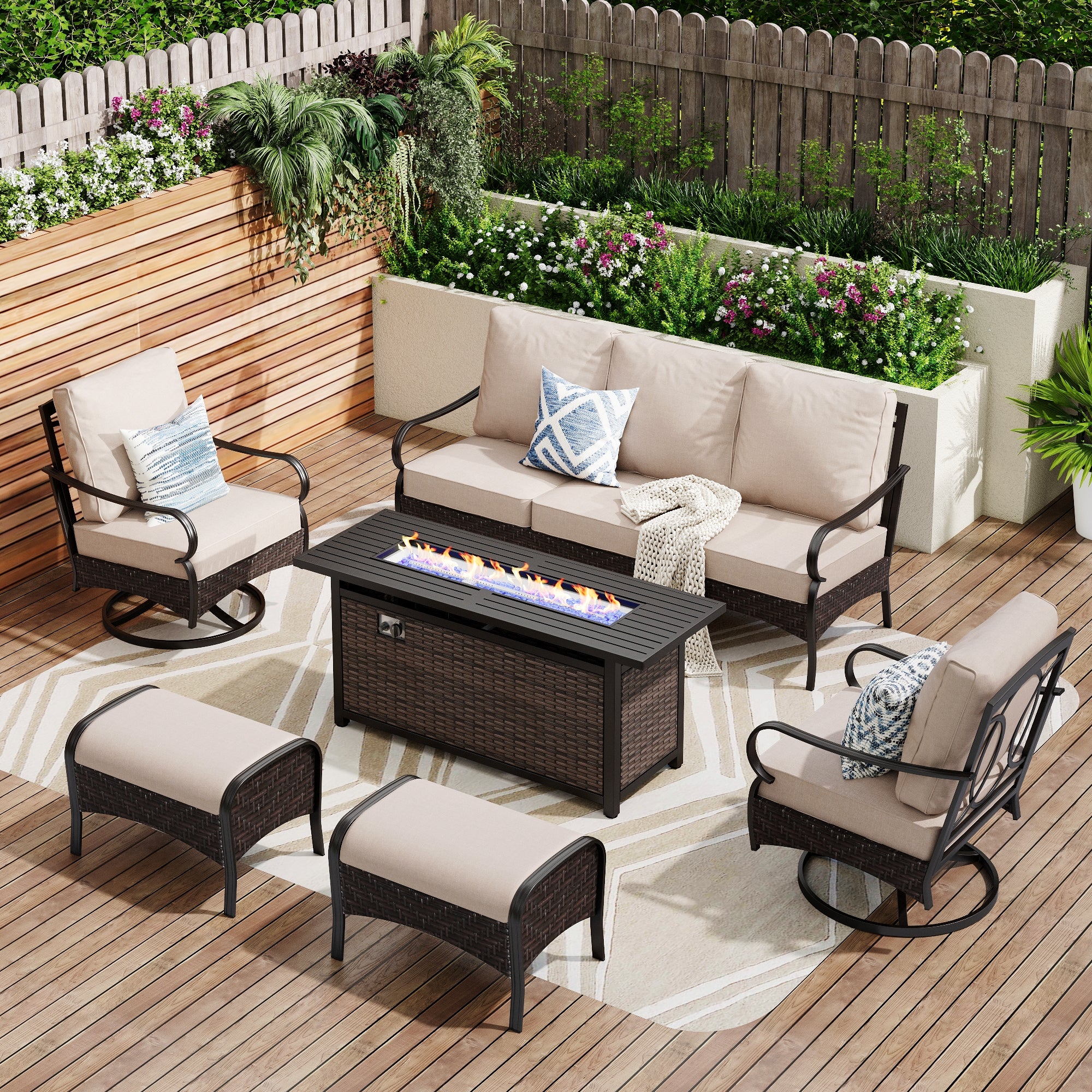 [Limited Time Offer] Phi Villa Outdoor Steel & Rattan Sofa Set With Rectangle Fire Pit Table