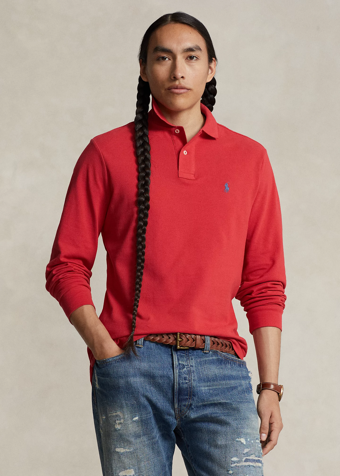 Mesh Long-Sleeve Polo Shirt �C All Fits