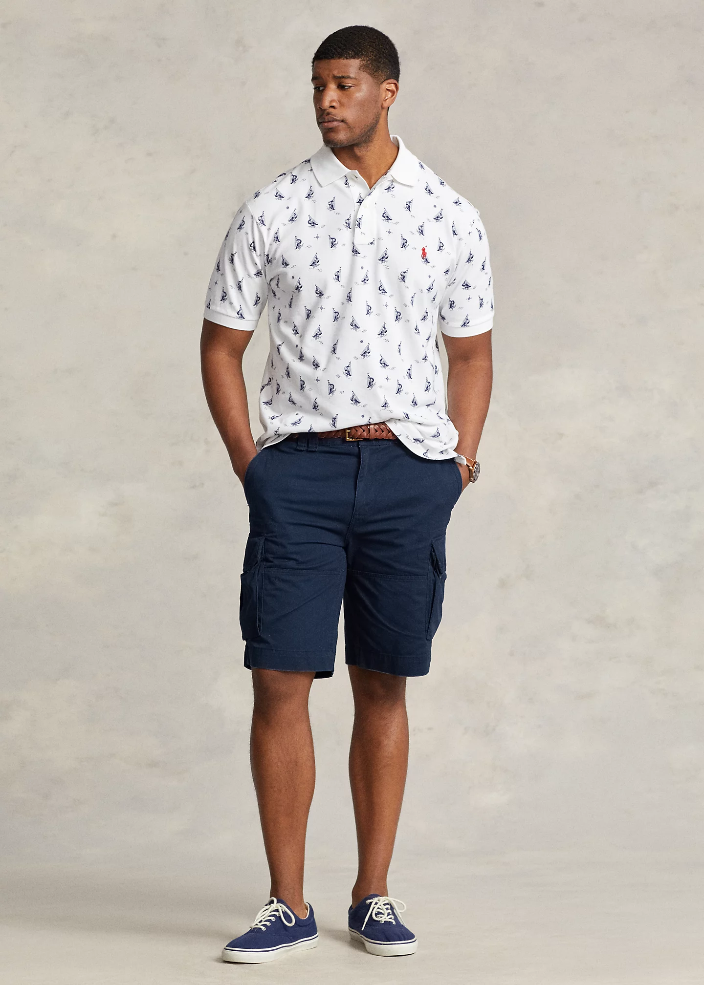 Sailboat-Print Mesh Polo Shirt