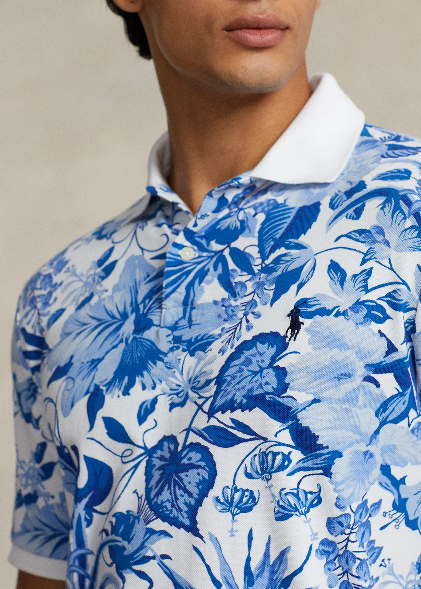 Classic Fit Floral-Print Mesh Polo Shirt