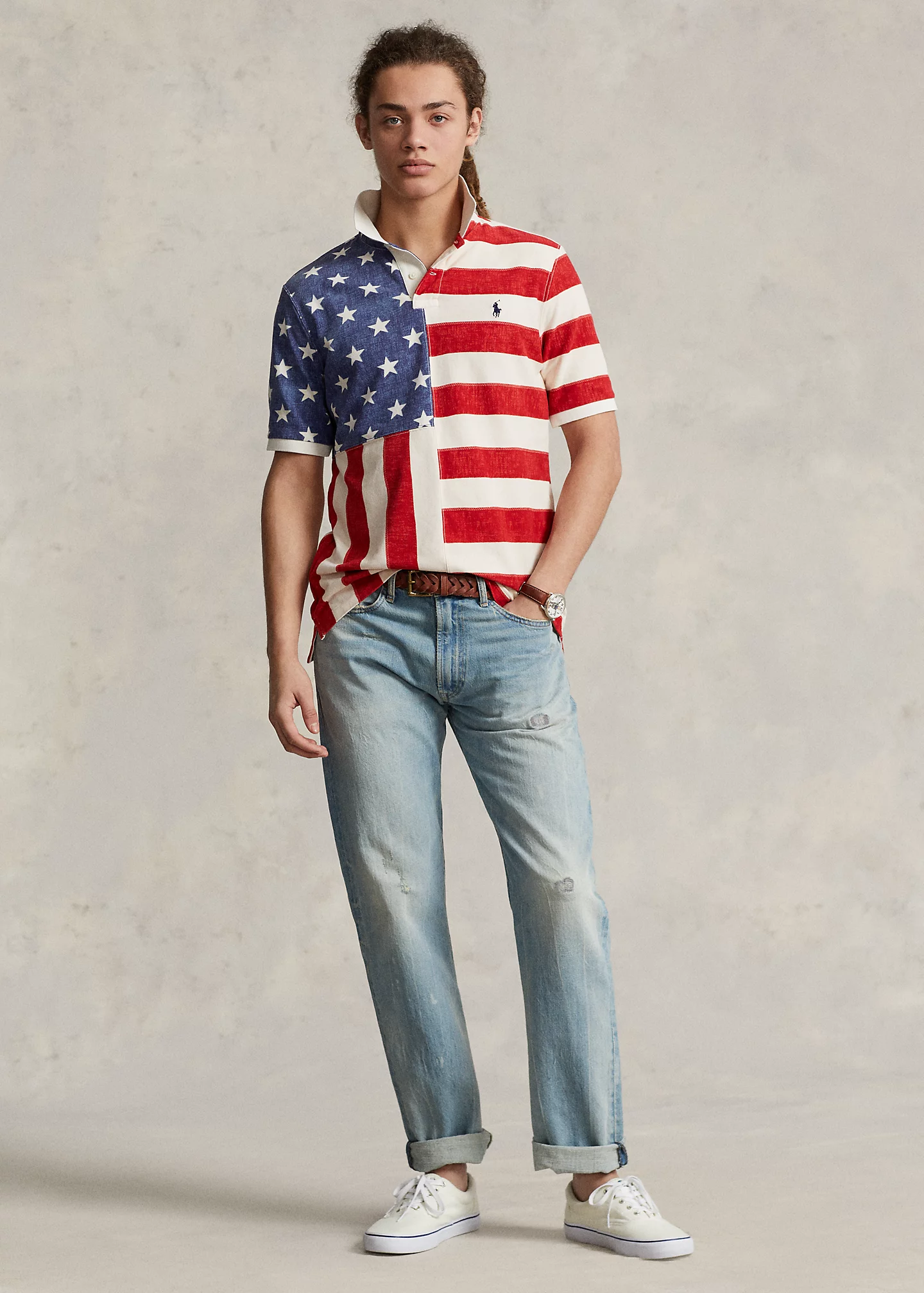 Classic Fit Flag-Print Mesh Polo Shirt