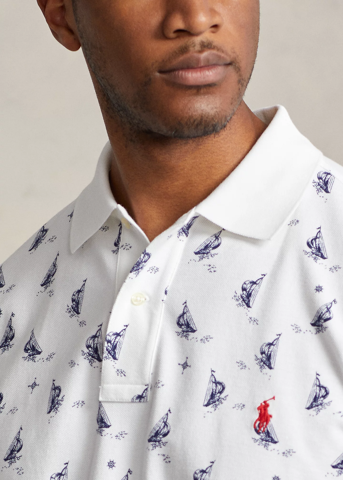 Sailboat-Print Mesh Polo Shirt