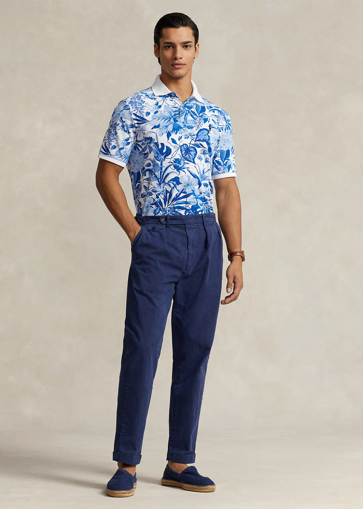 Classic Fit Floral-Print Mesh Polo Shirt