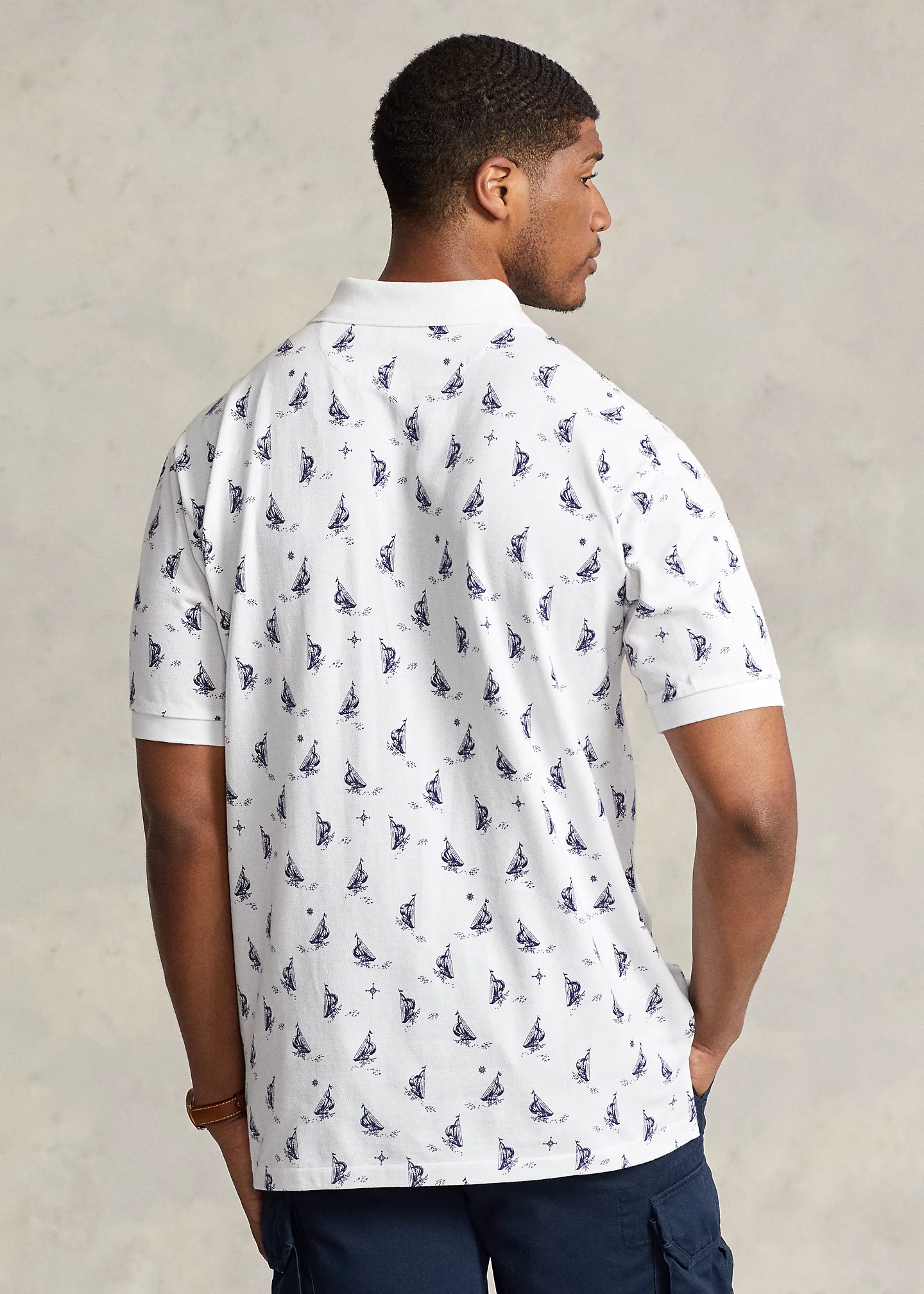 Sailboat-Print Mesh Polo Shirt