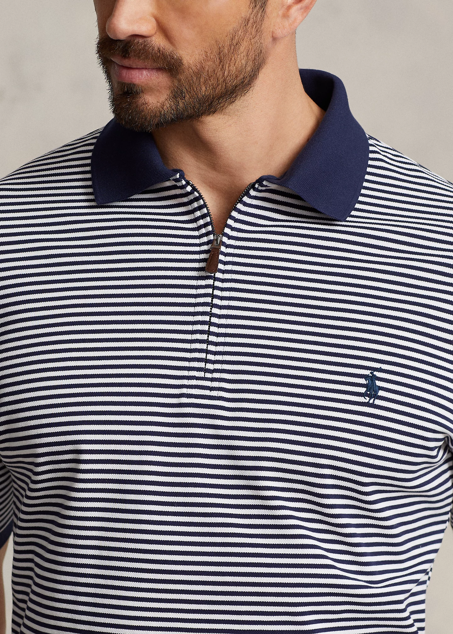 Striped Stretch Mesh Zip Polo Shirt