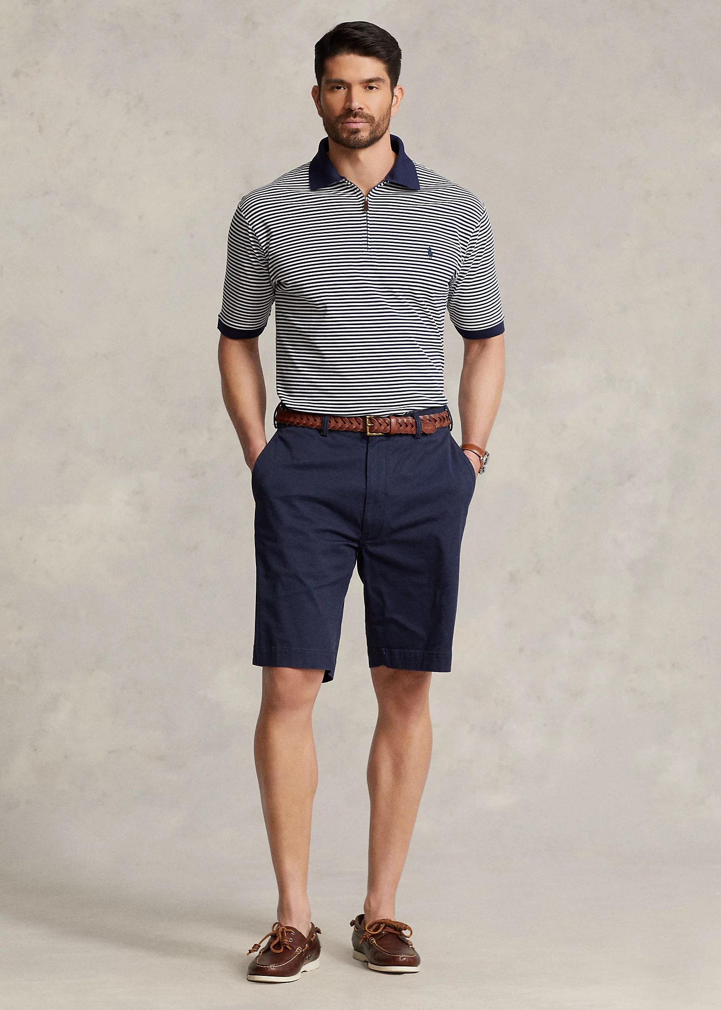 Striped Stretch Mesh Zip Polo Shirt