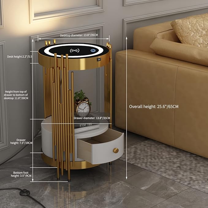 Gold Led Smart Round Nightstand