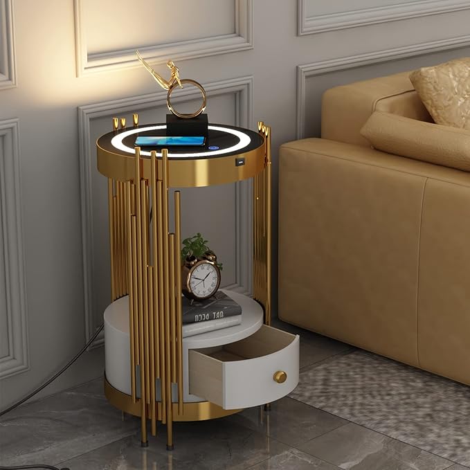 Gold Led Smart Round Nightstand