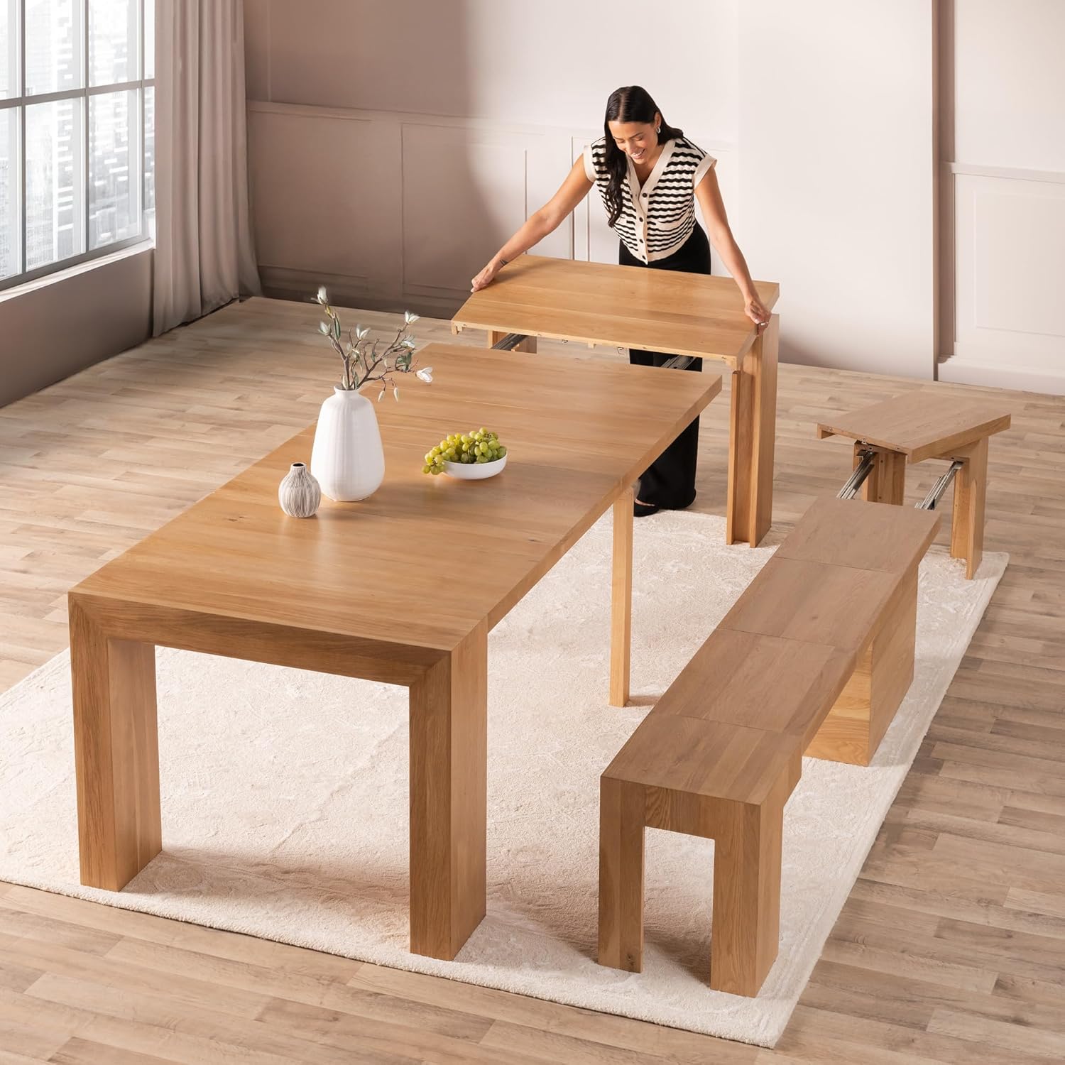 IKEA Transformer Table Expandable Dining Table for 2 to 12, Solid Wood Extendable Kitchen Table, Space-Saving Furniture, Small to Large Adjustable Dinner Table with Bench