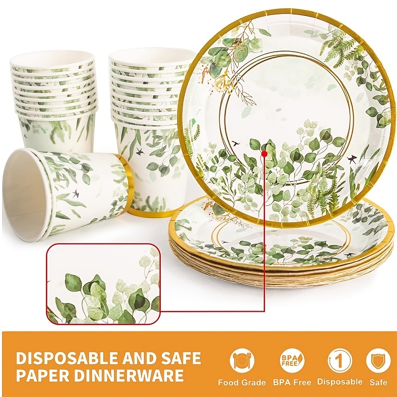 120 Pcs, Disposable Green Leaves Themed Tableware, Serves 24 People, Elegant Party Decoration With Paper Plates, Deserrt Plates, Napkins, And Paper Cups, Stylish Tableware Supplies For Birthday, Wedding, Festivals, Anniversarries And Parties