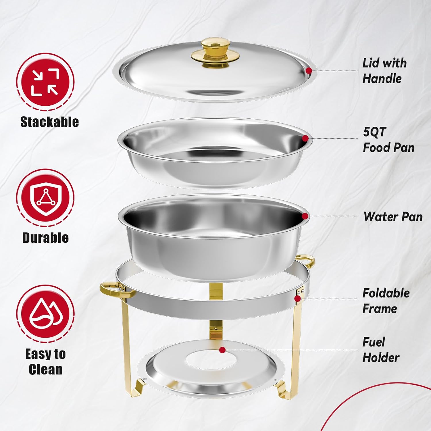 🔥PRIJESSE 6-Quart Gold Round Buffet Hot Pot Set with Food and Water Trays for Catering, Parties, Hotels, and Weddings, 6-Pack
