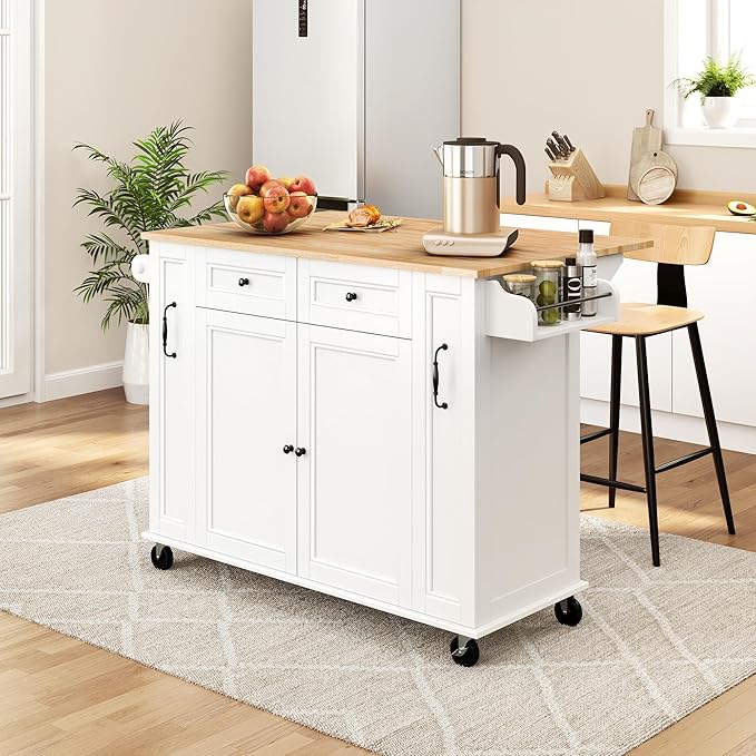 🔥52-inch kitchen island, portable kitchen cart with rolling leaves, rolling kitchen island with storage.