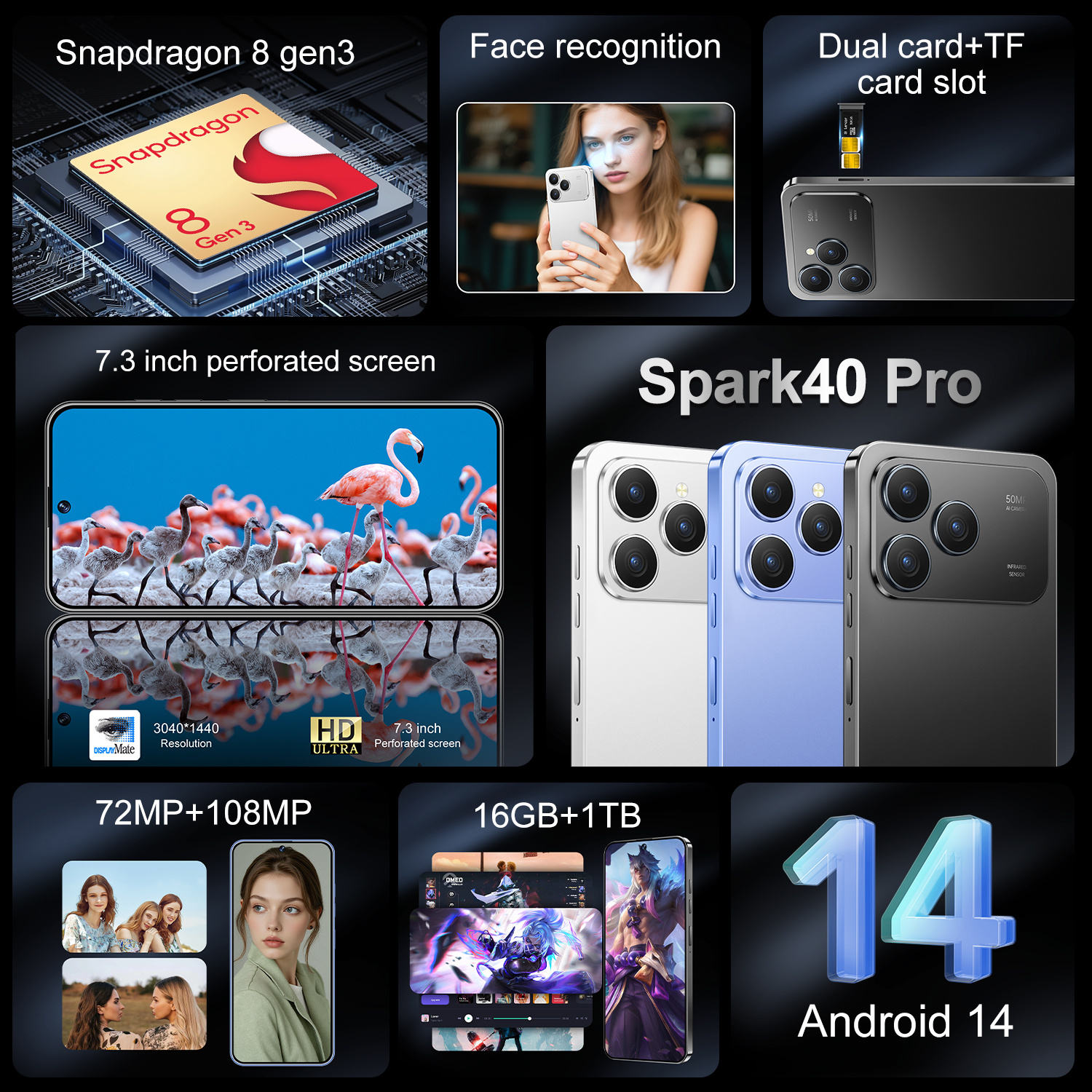 Spark 40 Pro 5G Professional High-Performance Snapdragon 8 Gen3 Phone with 16GB + 1TB Storage and 108MP + 72MP Cameras