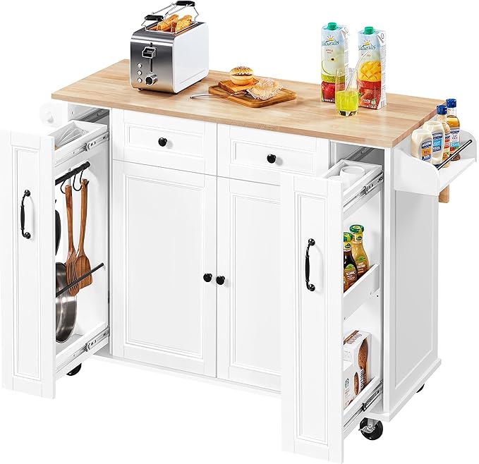 🔥52-inch kitchen island, portable kitchen cart with rolling leaves, rolling kitchen island with storage.