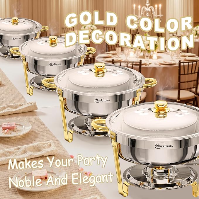 🔥PRIJESSE 6-Quart Gold Round Buffet Hot Pot Set with Food and Water Trays for Catering, Parties, Hotels, and Weddings, 6-Pack