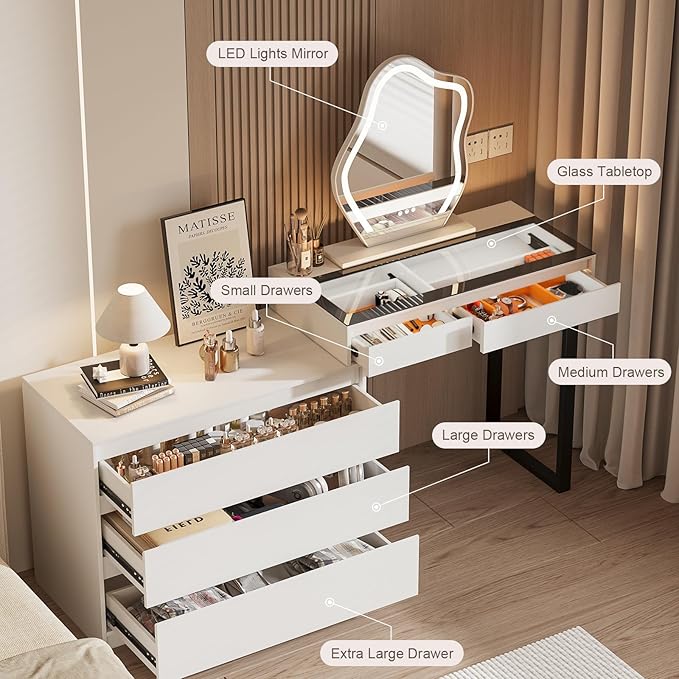 🔥Hot Sale 50% Off🔥Modern vanity set with a tri-color LED smart makeup mirror