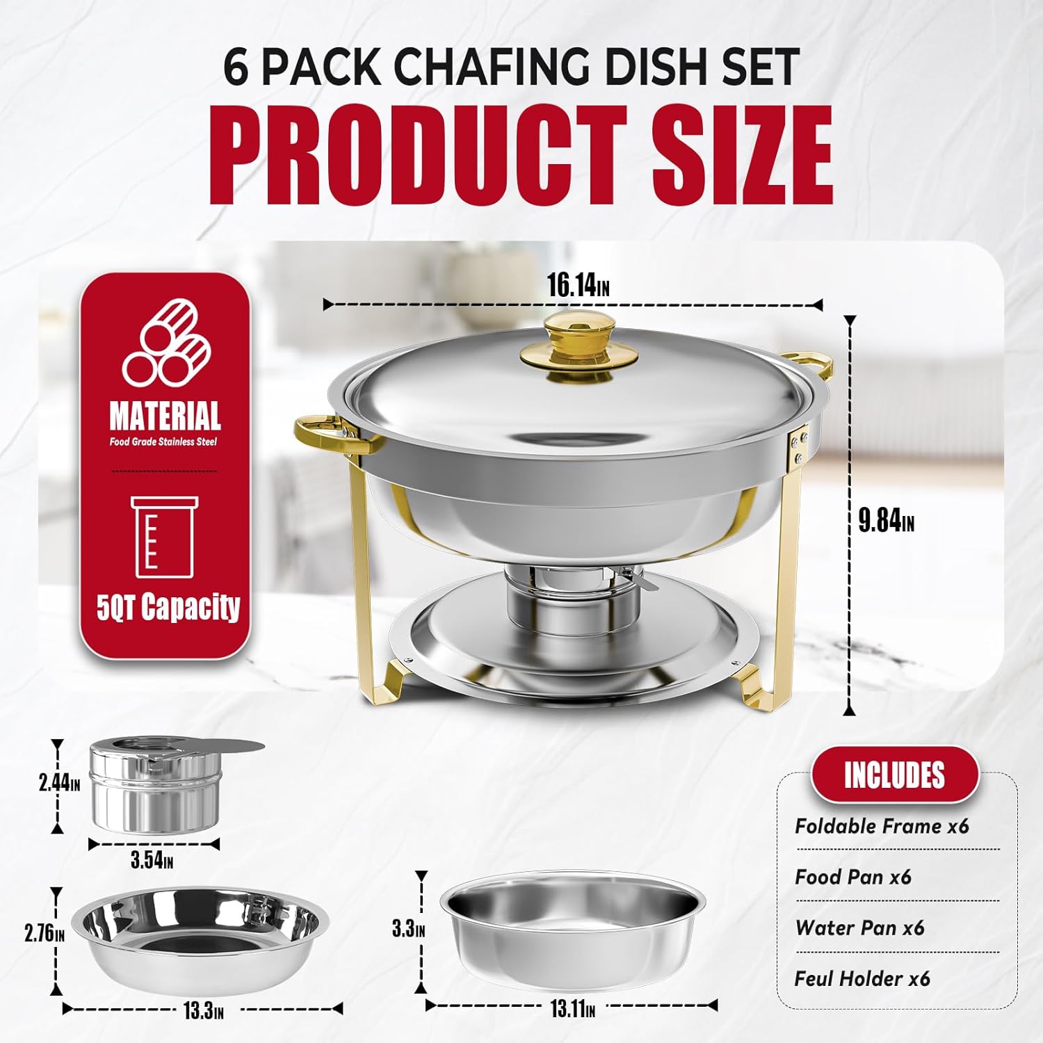 🔥PRIJESSE 6-Quart Gold Round Buffet Hot Pot Set with Food and Water Trays for Catering, Parties, Hotels, and Weddings, 6-Pack