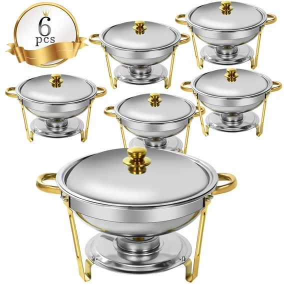 🔥PRIJESSE 6-Quart Gold Round Buffet Hot Pot Set with Food and Water Trays for Catering, Parties, Hotels, and Weddings, 6-Pack