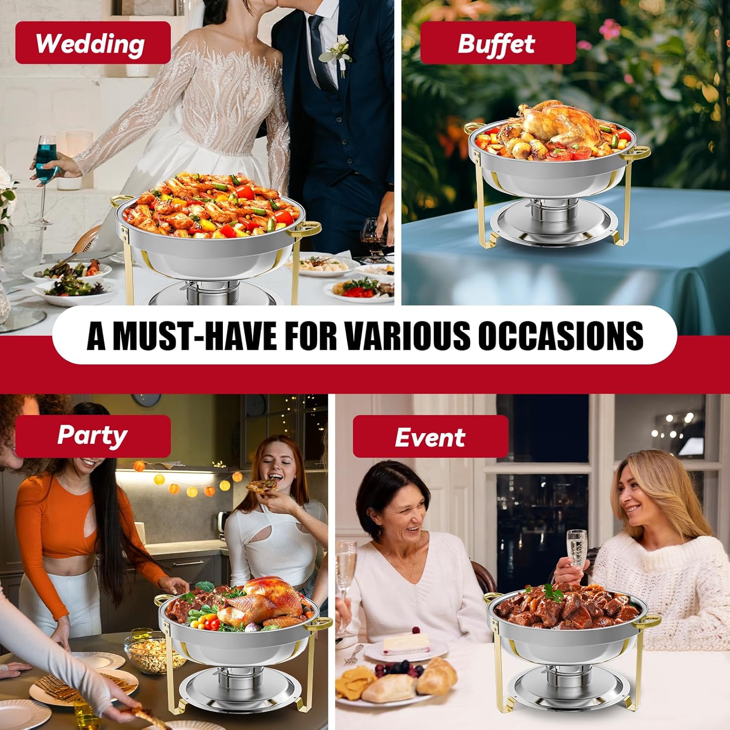 🔥PRIJESSE 6-Quart Gold Round Buffet Hot Pot Set with Food and Water Trays for Catering, Parties, Hotels, and Weddings, 6-Pack