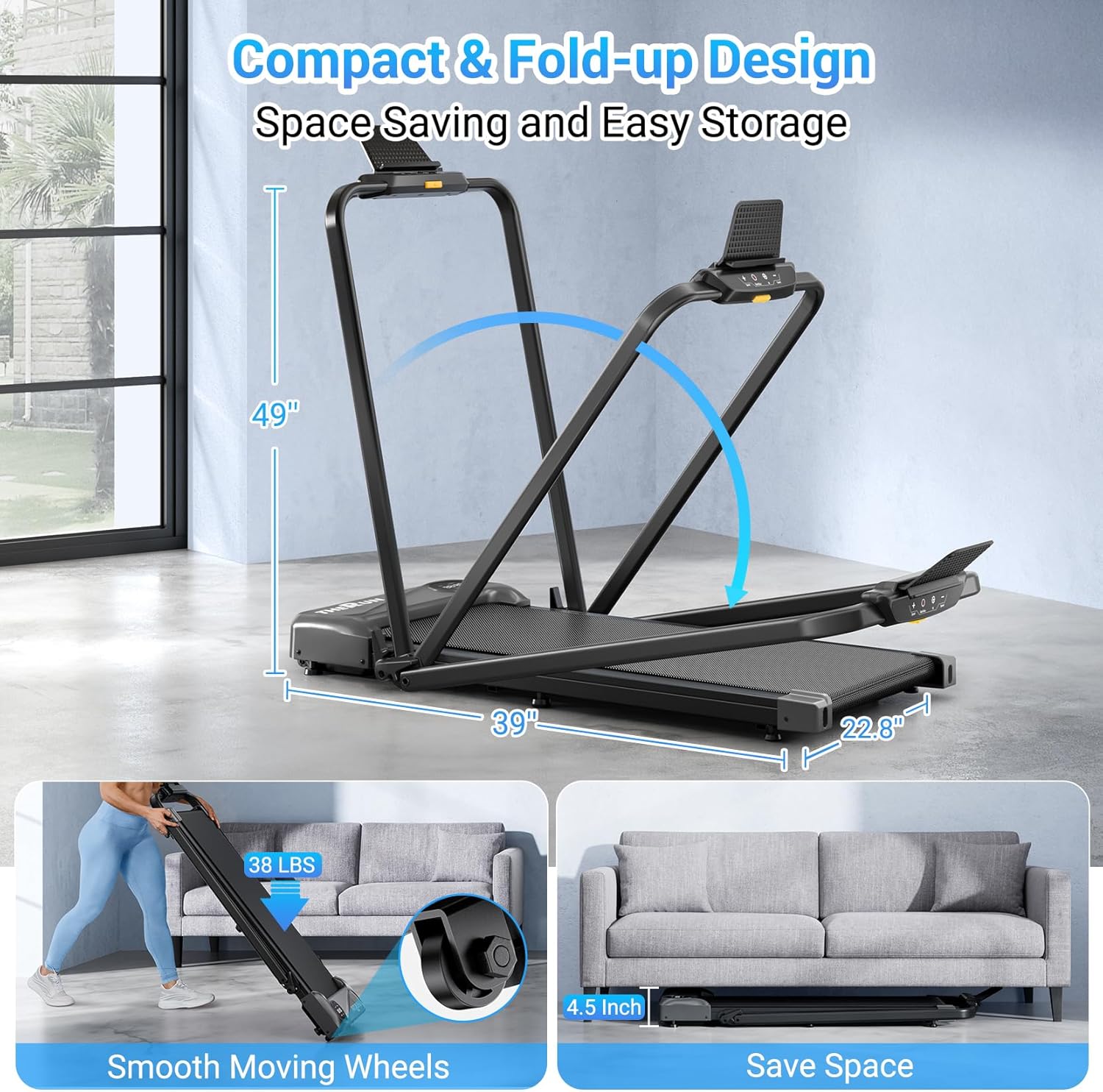 Walking Mat, 2.5 HP Under Desk, 2-in-1 Foldable, Suitable for Home Use, Walking Mat with Handlebars, 15" Wider Running Belt, with Remote Control and LED Touch Screen