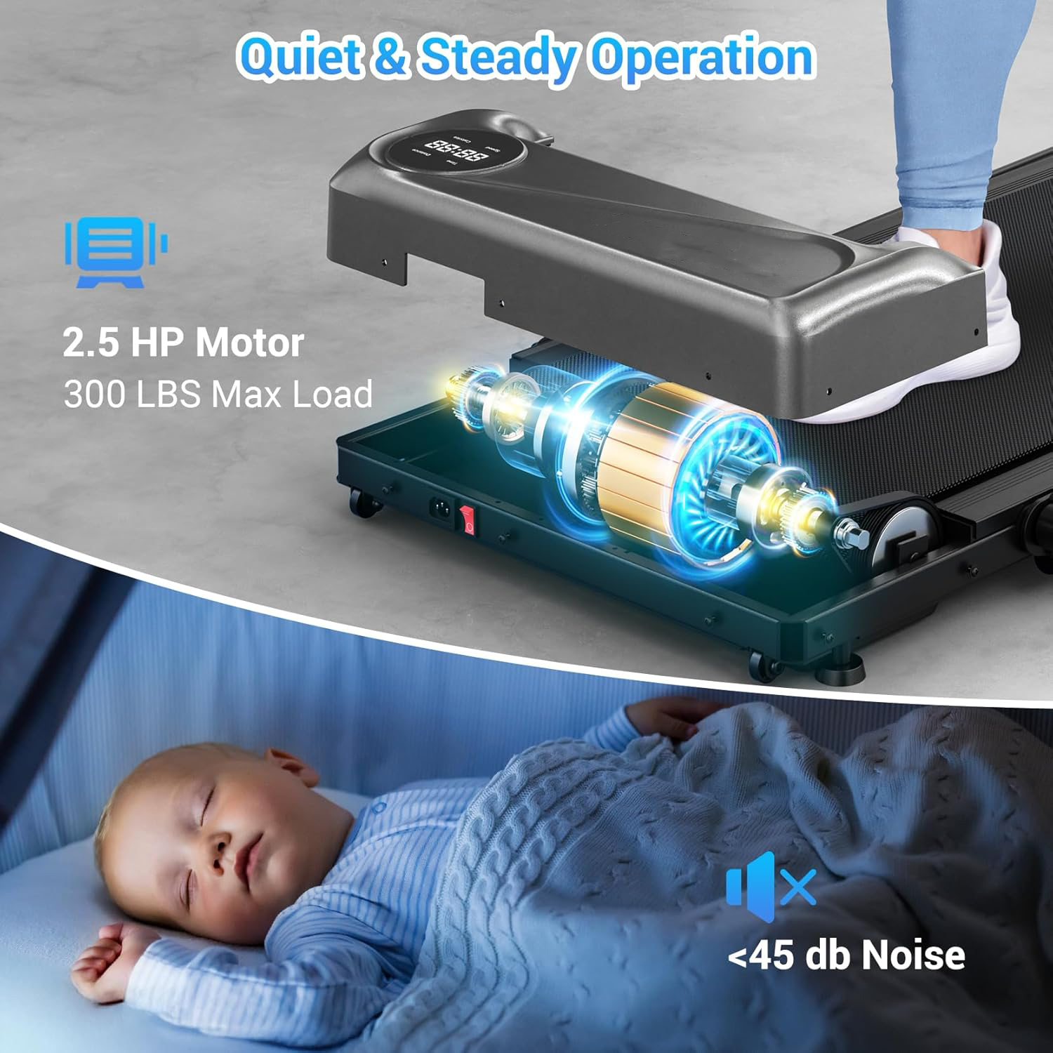 Walking Mat, 2.5 HP Under Desk, 2-in-1 Foldable, Suitable for Home Use, Walking Mat with Handlebars, 15" Wider Running Belt, with Remote Control and LED Touch Screen