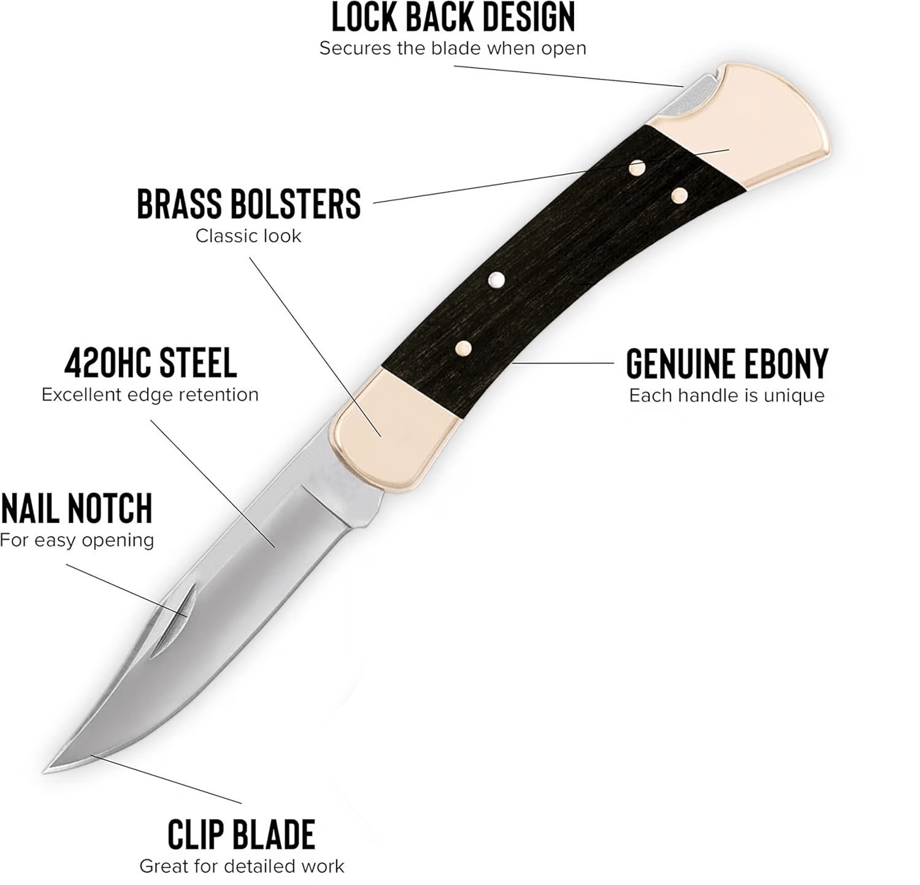 Buck 110 Folding Hunter Lock-back Knife, Brass Bolsters, Ebony Handles, 3-3/4" 420HC Blade