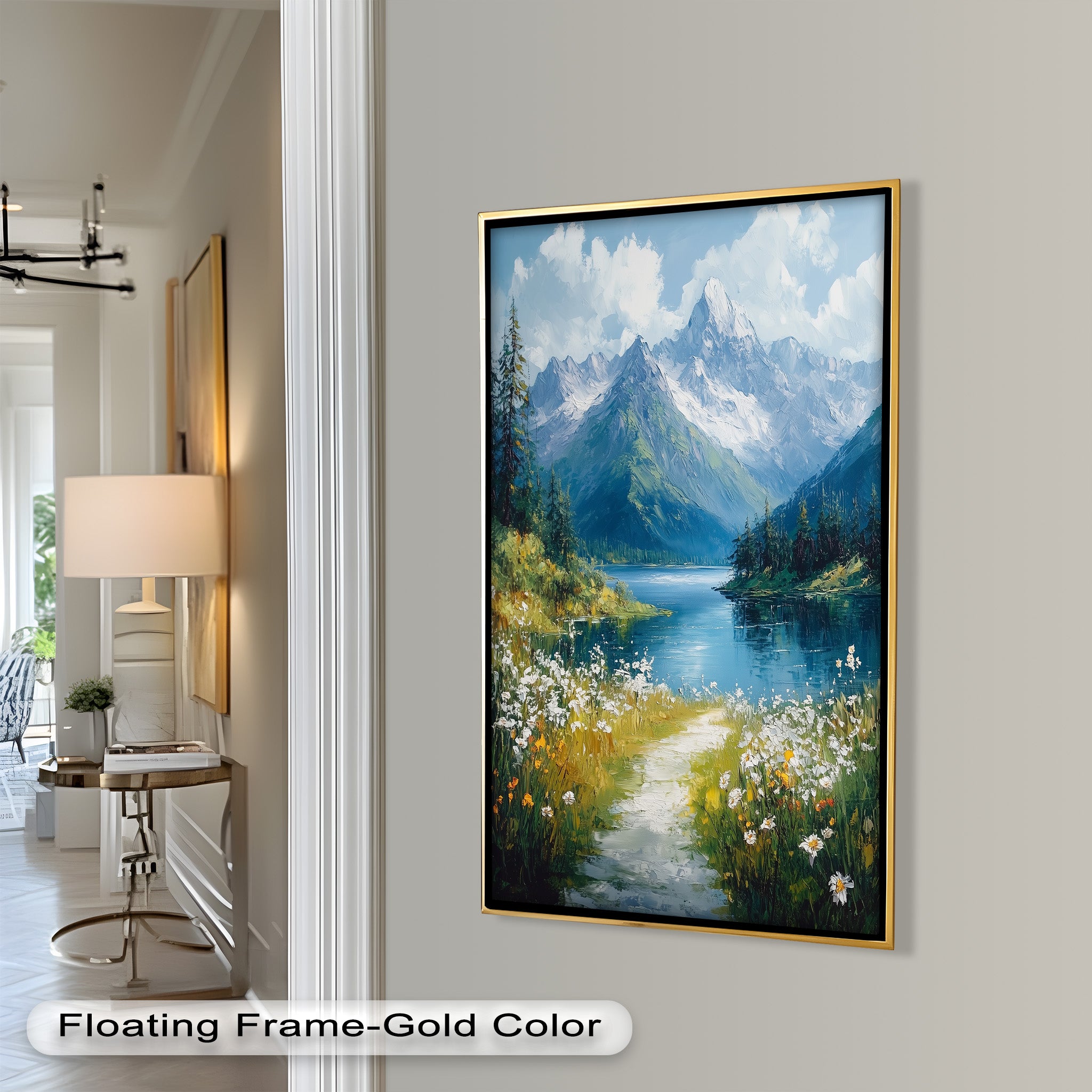 Blooming Meadow and Mountain Lake - Hudson River Oil Painting
