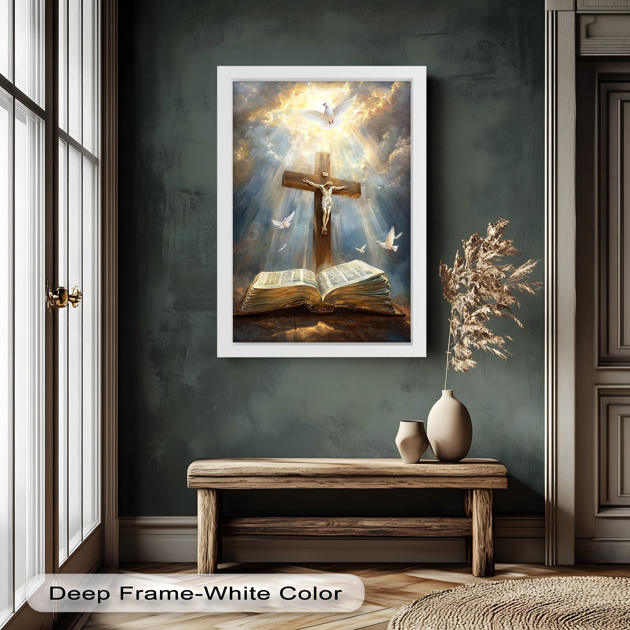 Jesus on the Cross with Open Bible and Doves - Oil Painting
