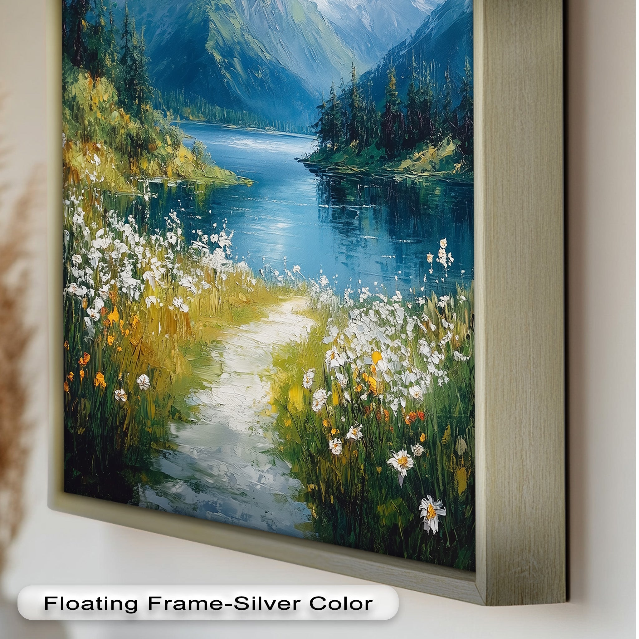 Blooming Meadow and Mountain Lake - Hudson River Oil Painting