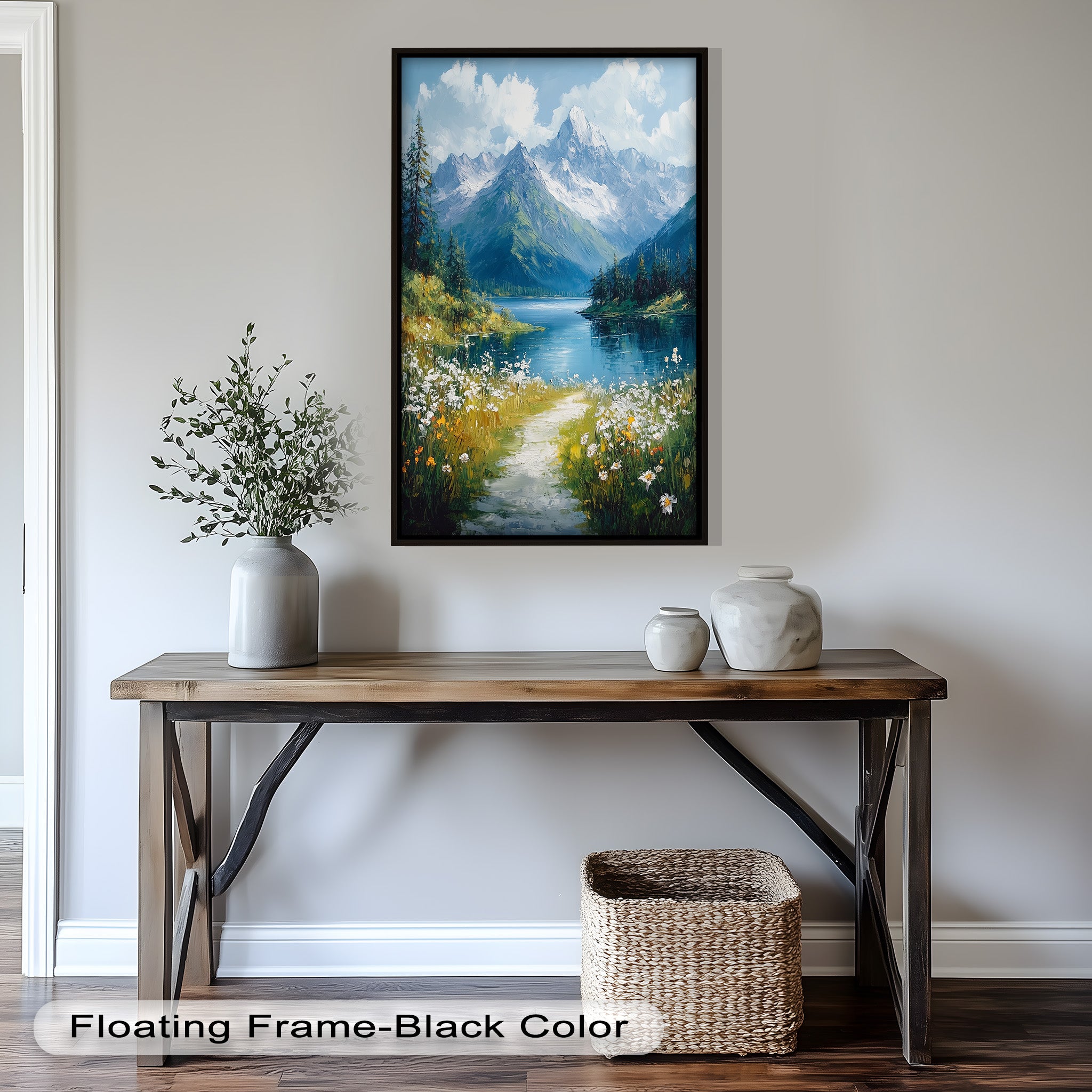 Blooming Meadow and Mountain Lake - Hudson River Oil Painting