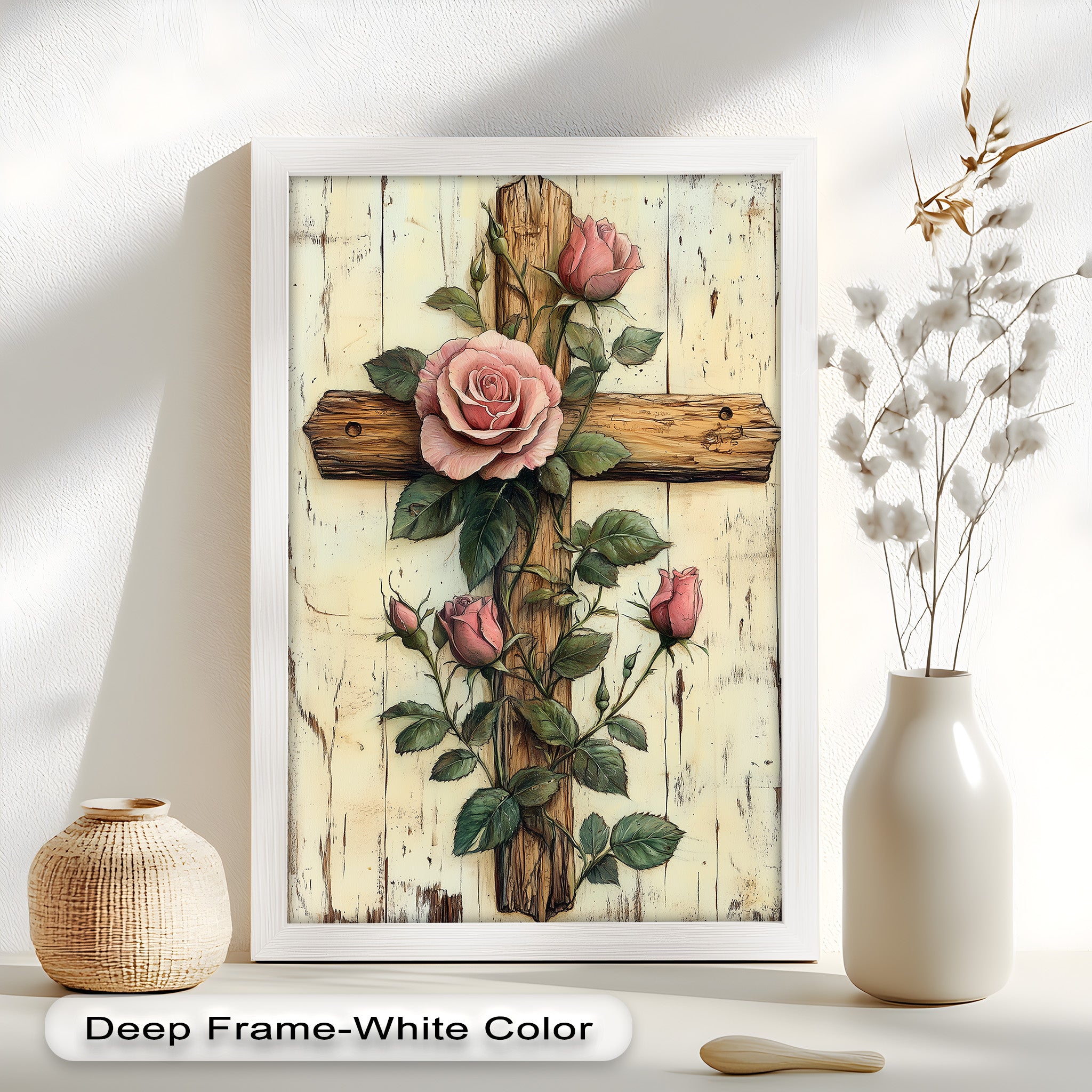 Roses of Grace – Cross and Flower Religious Oil Painting