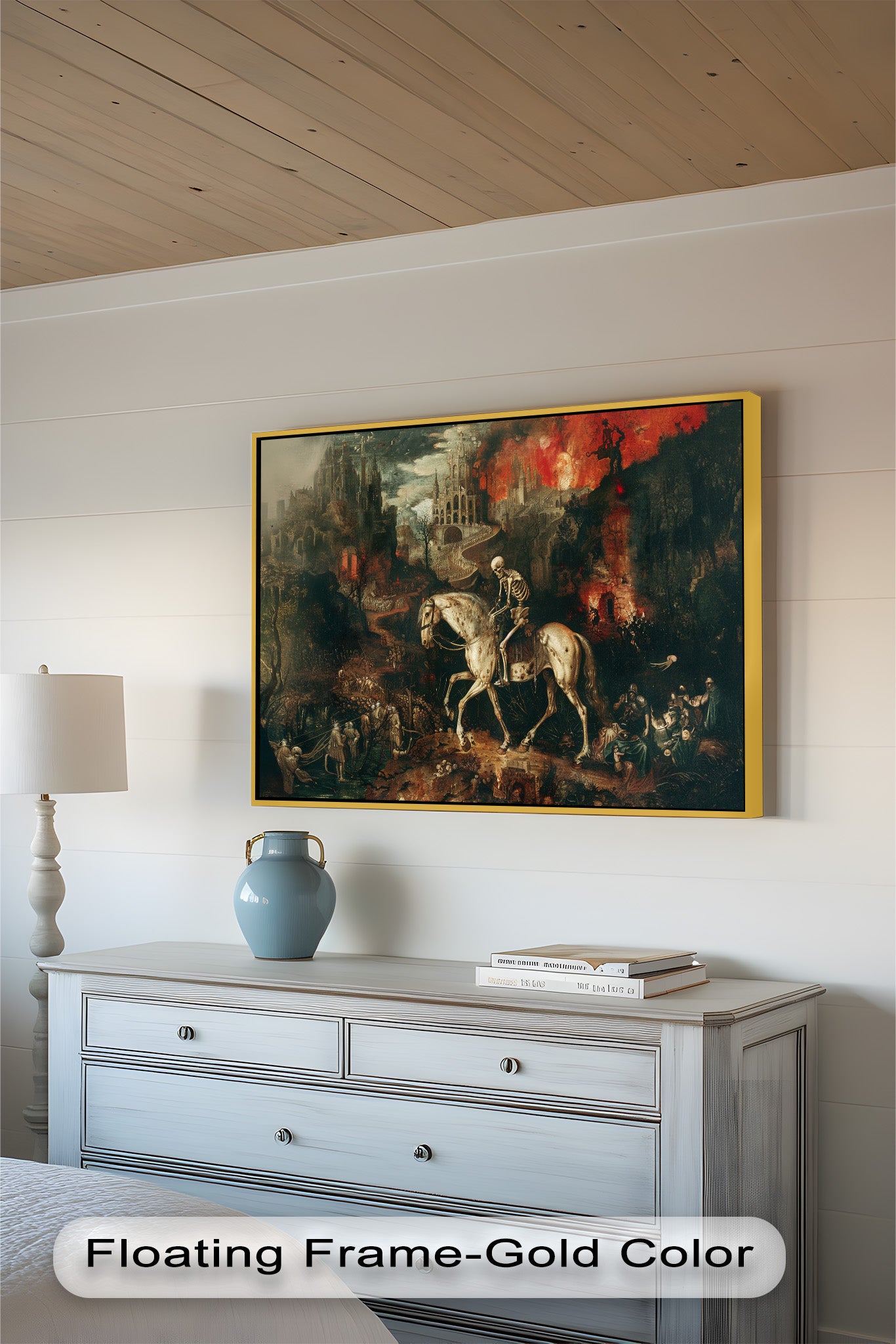Skeleton on Horseback in Apocalyptic - Historic Oil Painting