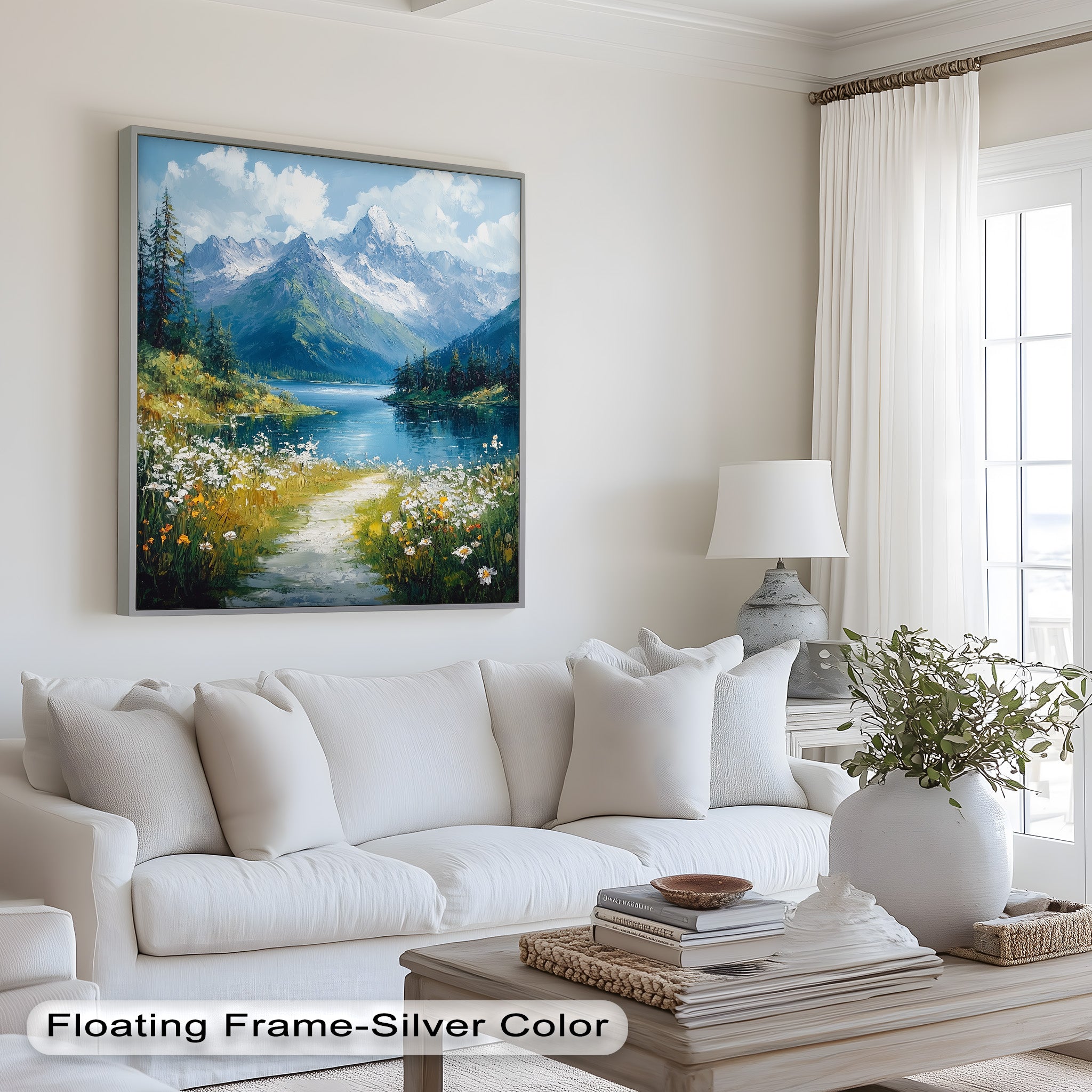 Blooming Meadow and Mountain Lake - Hudson River Oil Painting