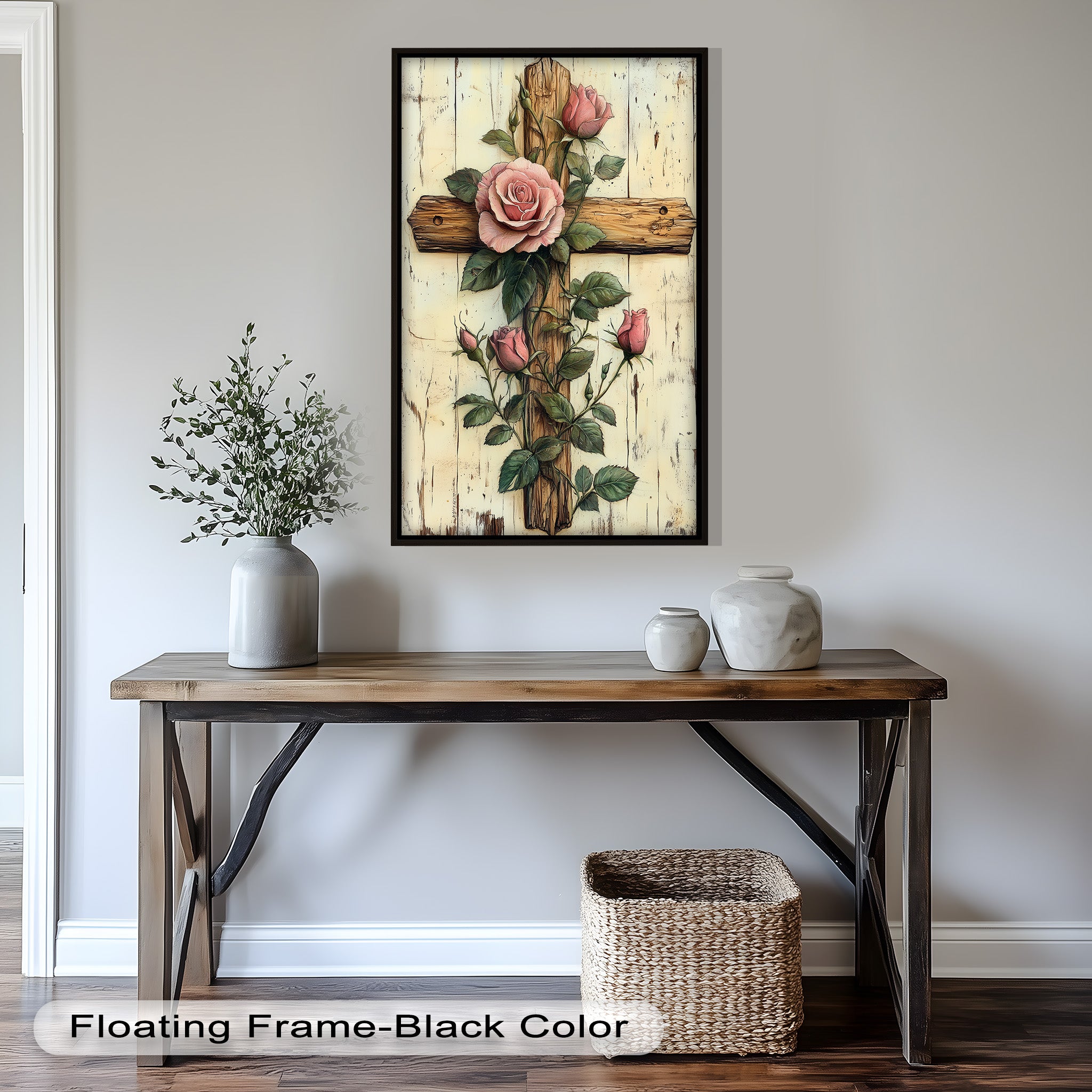 Roses of Grace – Cross and Flower Religious Oil Painting