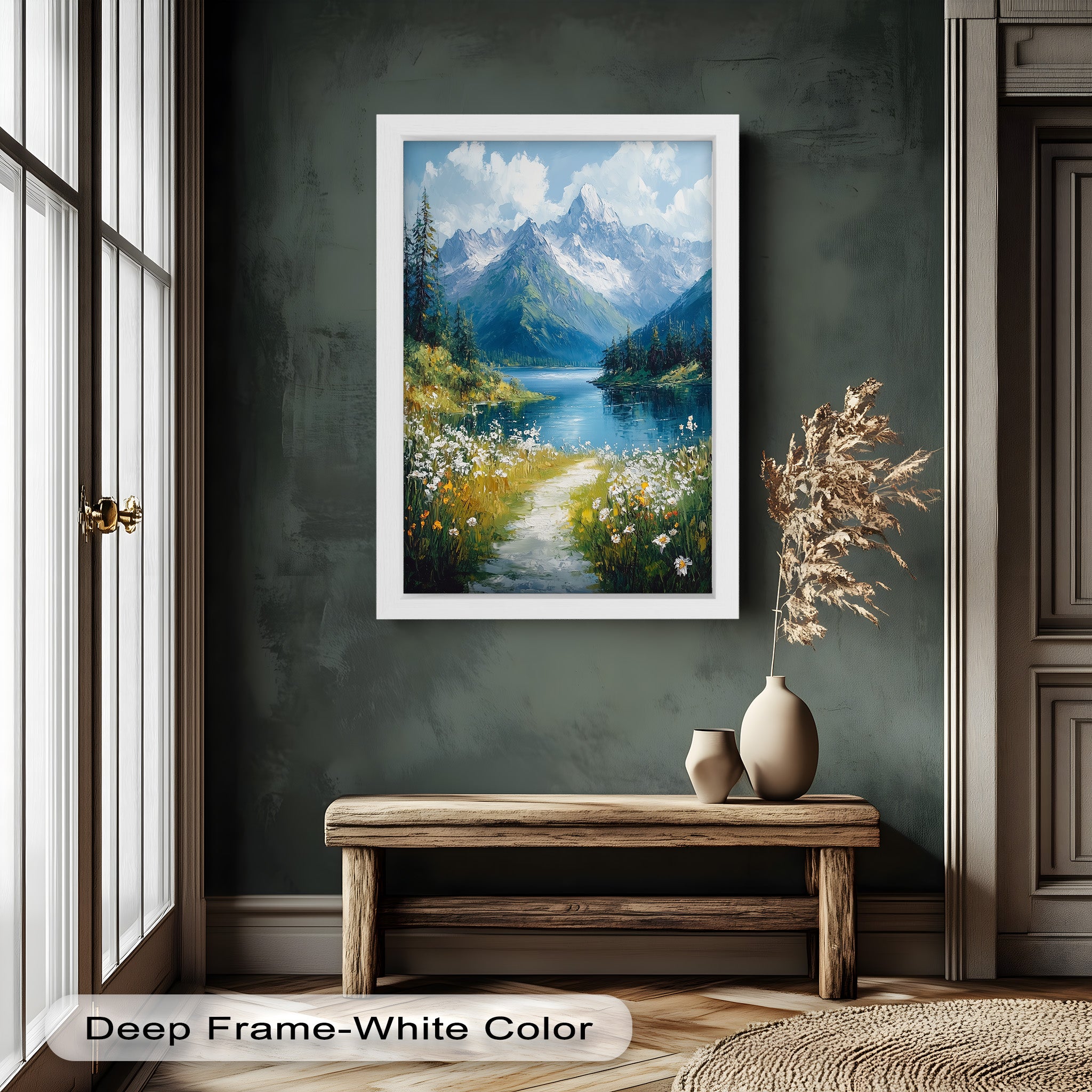 Blooming Meadow and Mountain Lake - Hudson River Oil Painting