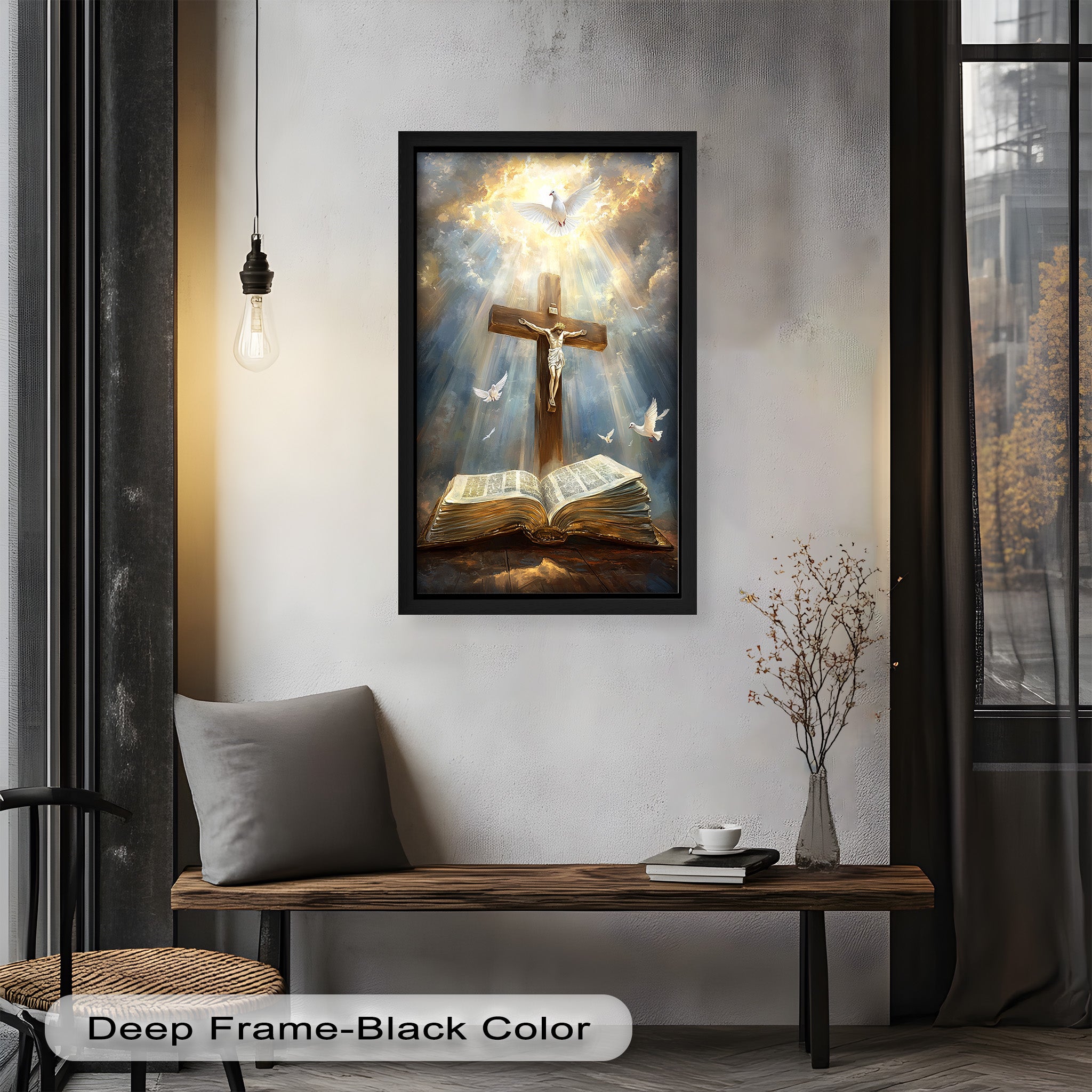 Jesus on the Cross with Open Bible and Doves - Oil Painting