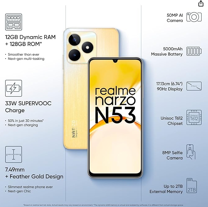 realme narzo N53 (Feather Gold, 8GB+128GB) 33W Segment Fastest Charging | Slimmest Phone in Segment