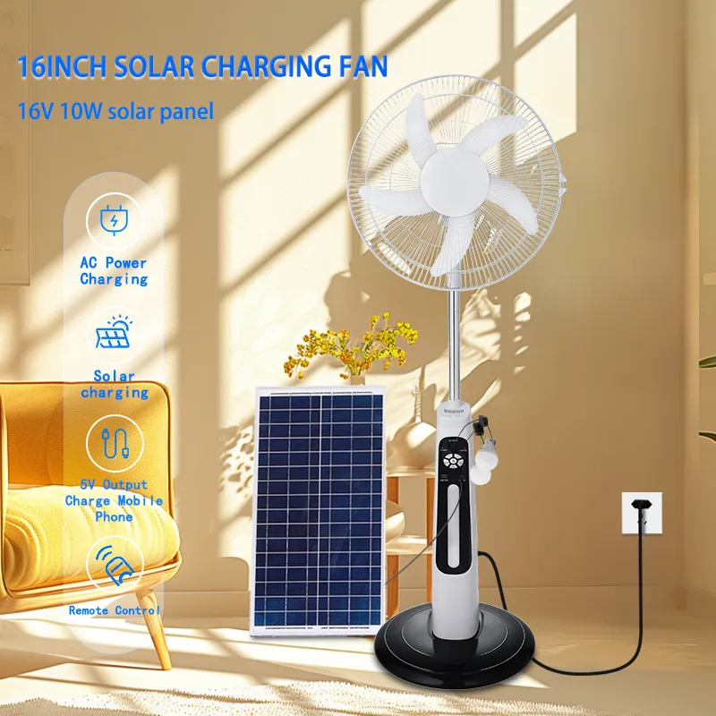 12V Solar Fan with LED Light & USB – 16/18'' AC/DC Rechargeable