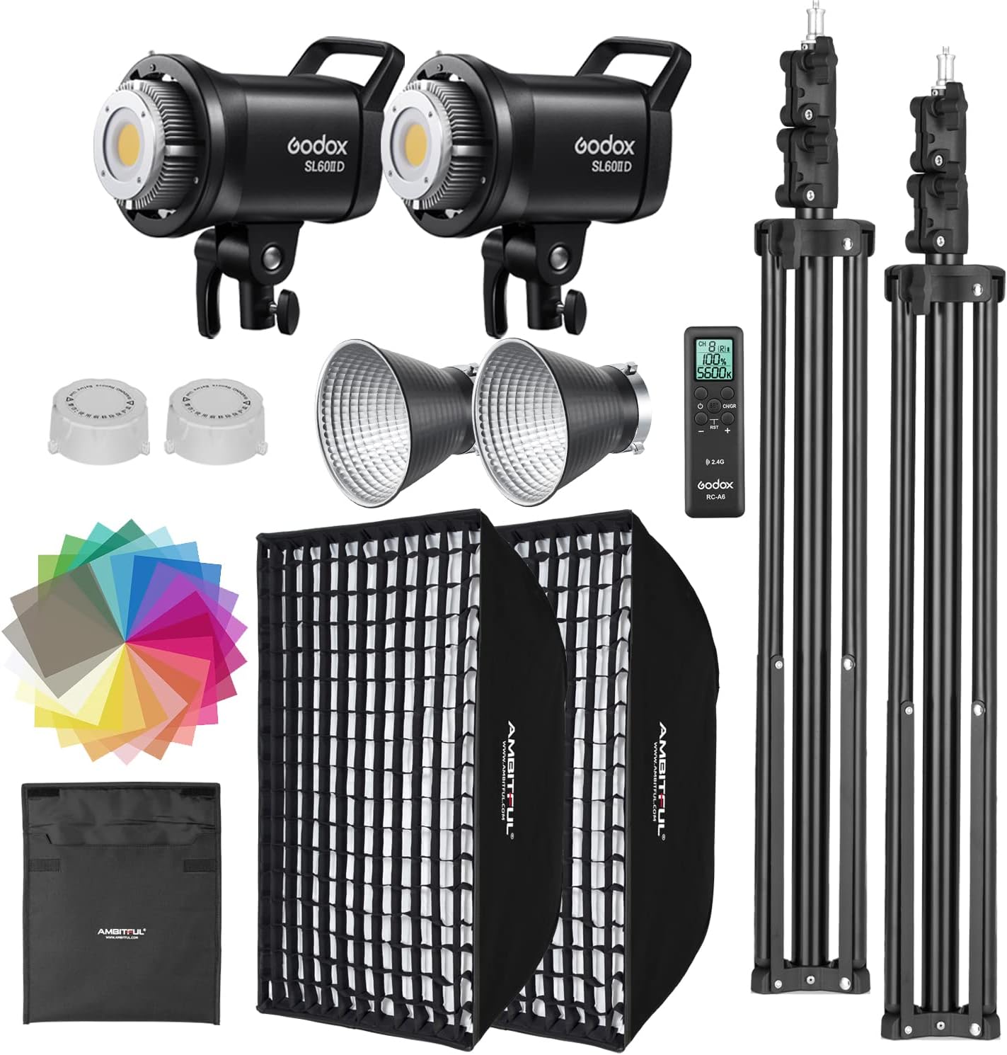 【🔥Only 10 Left🔥】【2PCS】Godox SL60II-D LED Video Light Kit 2Pack Continuous Light Set, Square Grid Softbox,Light Stand, Remote Control & Honeycomb Grid for Studio Video Recording, Filming, Podcast