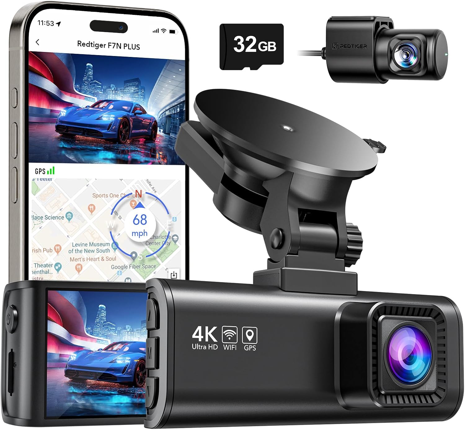 REDTIGER Dash Cam Front Rear, 4K/2.5K Full HD Dash Camera for Cars, Included 32GB Card, Built-in Wi-Fi GPS, 3.18" IPS Screen, Night Vision, 170°Wide Angle, WDR, 24H Parking Mode(F7NP)