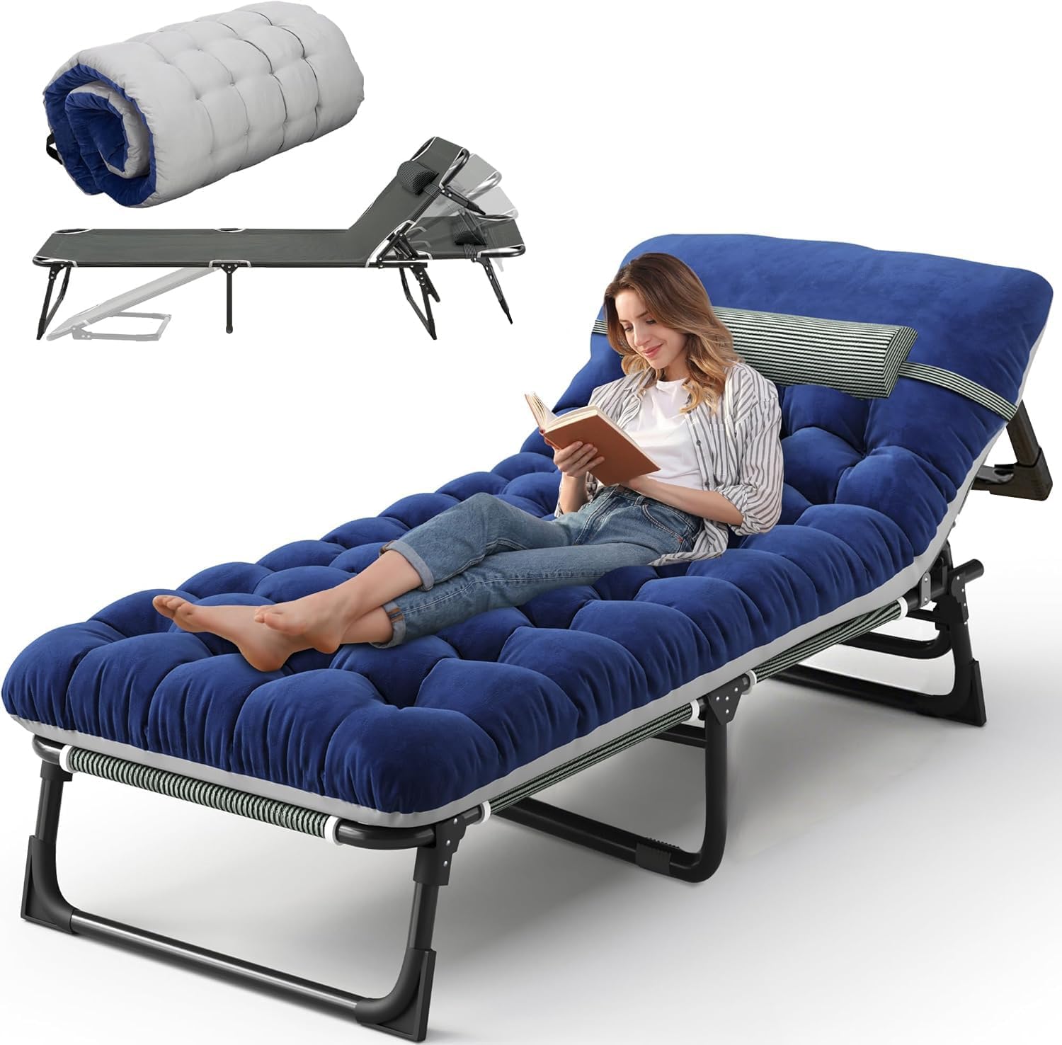 (📣📣📣Free extra wide soft mattress) SnozeFlex folding bed, 6-angle adjustable camping bed for patio and beach, foldable bed, portable heavy-duty flat recliner with pillow