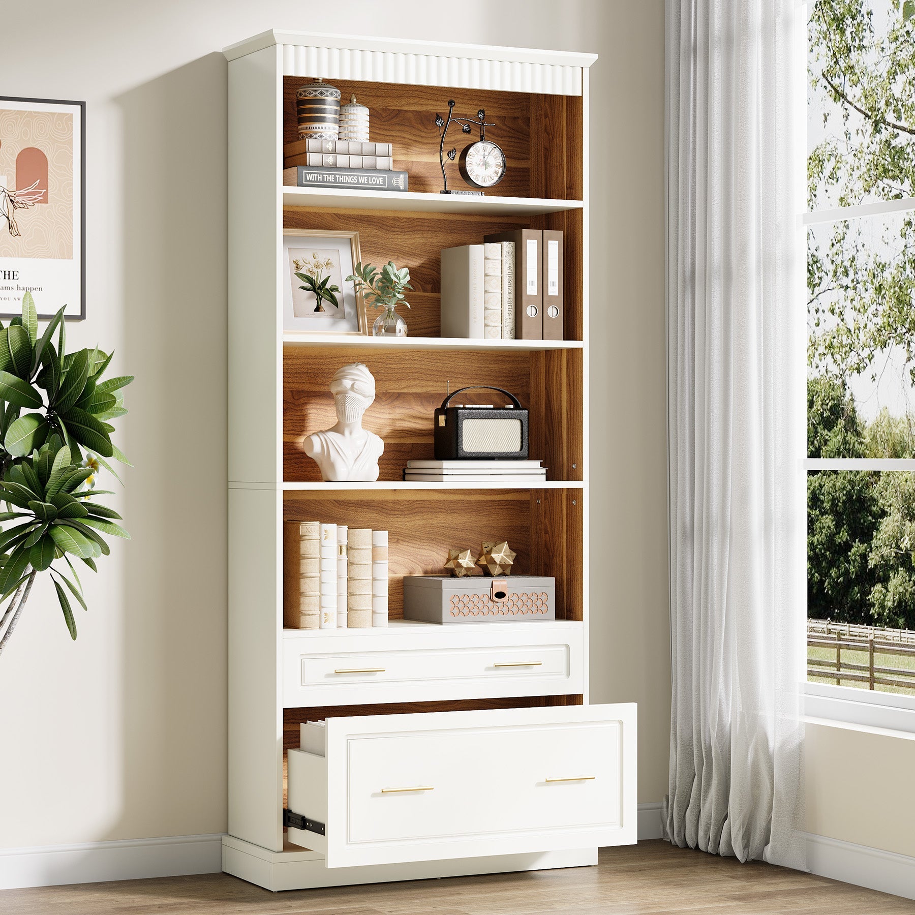 72" Bookshelf with Drawers, Freestanding 5-Shelf Bookcase Display Shelf