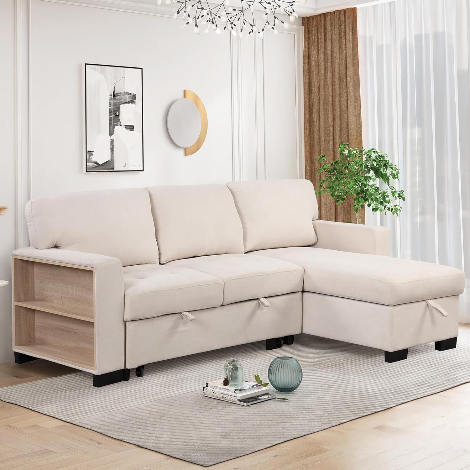 🔥Fashionable velvet six-in-one modular sofa pull-out sofa bed with storage and USB