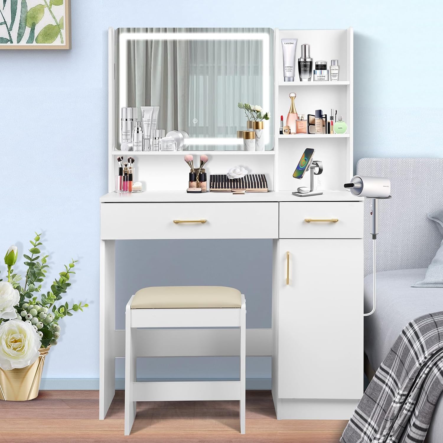 Vanity Set - White Vanity Desk with Mirror, Lights, Drawers, Charging Station, Chair & Storage