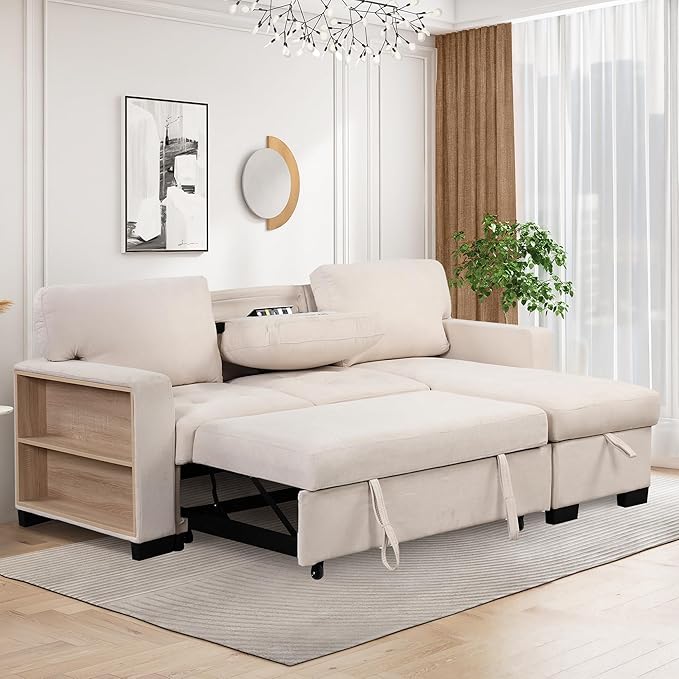 🔥Fashionable velvet six-in-one modular sofa pull-out sofa bed with storage and USB