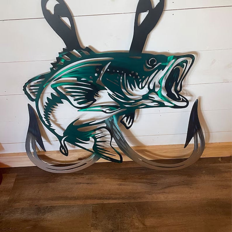 🔥Last Day 49% OFF🔥Metal Bass Fish with Hooks Plasma Cut Sign Art