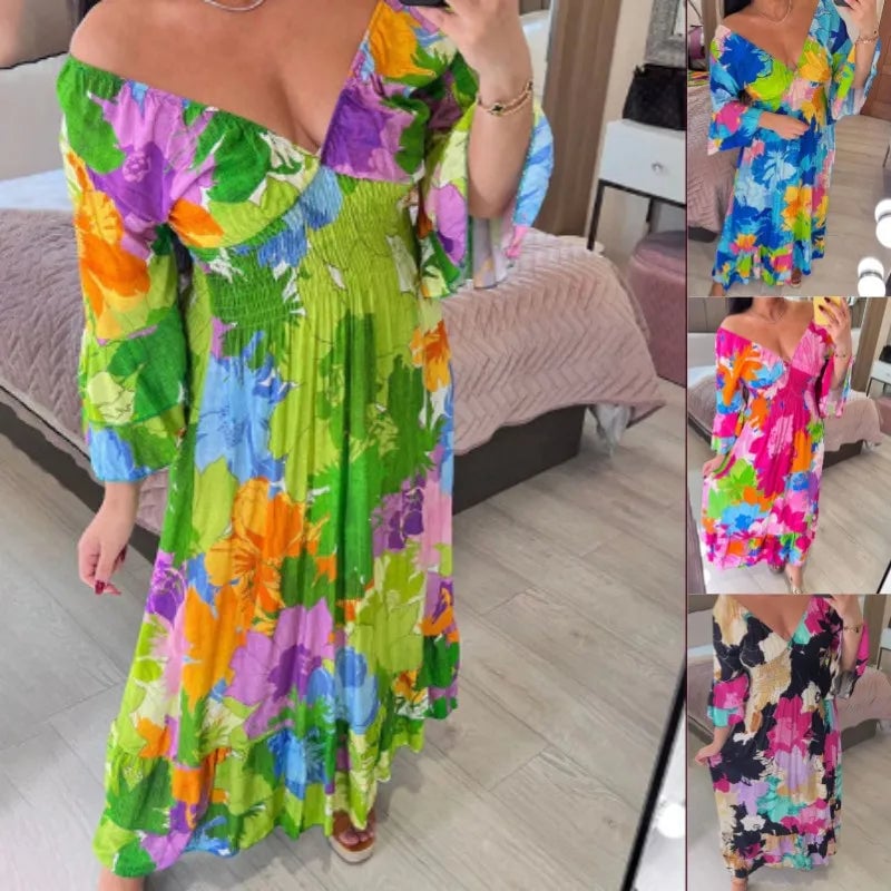 V-neck Floral Seaside Vacation Loose Dress